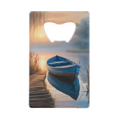 Rustieke blauwe boot Morning Sky Reflection Creditkaart Flessenopener (Voorkant)