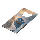 Rustieke blauwe boot Morning Sky Reflection Creditkaart Flessenopener (Achterkant Gekanteld)