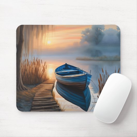 Rustieke blauwe boot Morning Sky Reflection Muismat (Met muis)