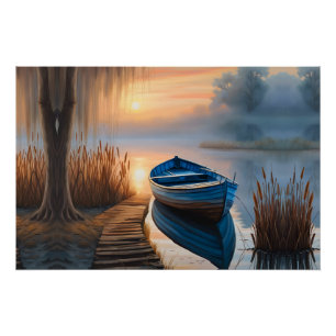 Rustieke blauwe boot Morning Sky Reflection Perfect Poster