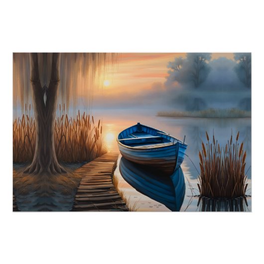 Rustieke blauwe boot Morning Sky Reflection Perfect Poster (Voorkant)