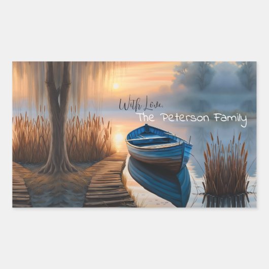 Rustieke blauwe boot Morning Sky Reflection Rechthoekige Sticker (Voorkant)