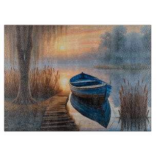 Rustieke blauwe boot Morning Sky Reflection Snijplank