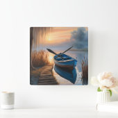 Rustieke blauwe boot Morning Sky Reflection Vierkante Klok (Huis)