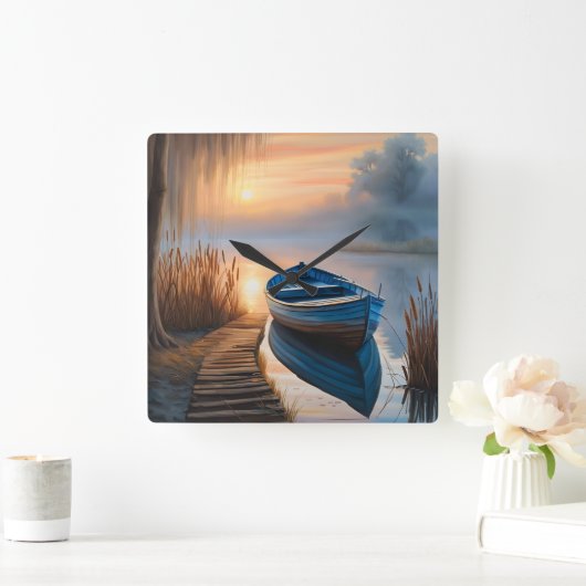 Rustieke blauwe boot Morning Sky Reflection Vierkante Klok (Huis)