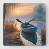 Rustieke blauwe boot Morning Sky Reflection Vierkante Klok (Voorkant)