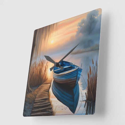 Rustieke blauwe boot Morning Sky Reflection Vierkante Klok (Hoek)