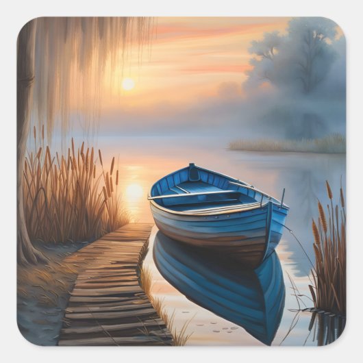 Rustieke blauwe boot Morning Sky Reflection Vierkante Sticker (Voorkant)