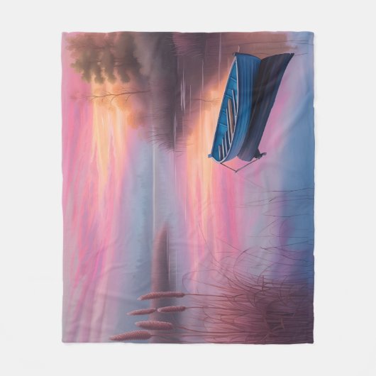 Rustieke blauwe boot roze luchten reflectie fleece deken (Voorkant)