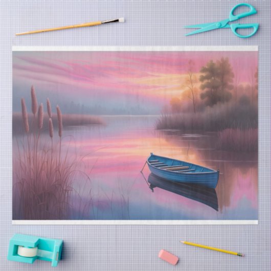 Rustieke Blauwe Boot Roze luchten Reflectie Tissuepapier (Craft)