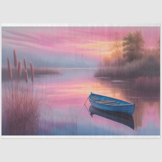 Rustieke Blauwe Boot Roze luchten Reflectie Tissuepapier (Voorkant)