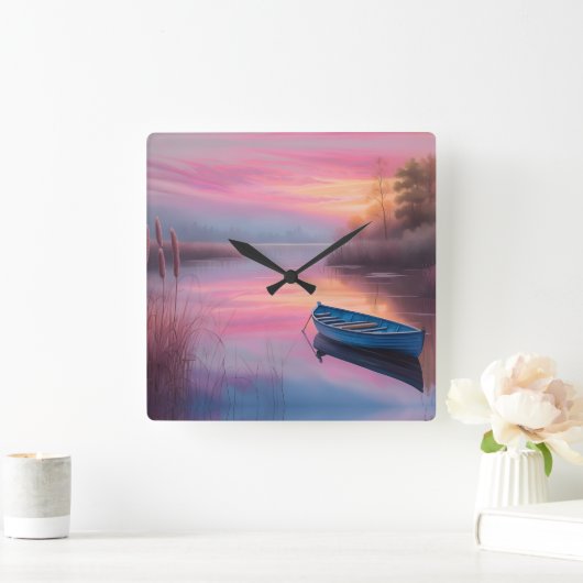 Rustieke blauwe boot roze luchten reflectie vierkante klok (Huis)