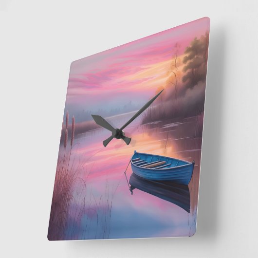 Rustieke blauwe boot roze luchten reflectie vierkante klok (Hoek)