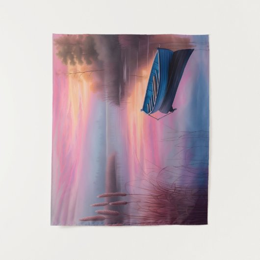 Rustieke blauwe boot roze luchten reflectie wandkleed (Voorkant)