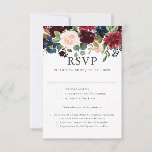 Rustieke Blauwe Bourgondische Bloemen Huwelijk RSVP Kaartje (Voorkant)