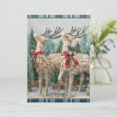 Rustieke Blauwe Buffalo Plaid Waterverf Rendier Feestdagenkaart (Staand voorkant)