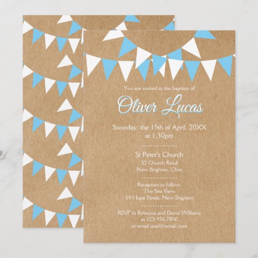Rustieke blauwe bunting doop voor baby jongen kaart (Voorkant / Achterkant)