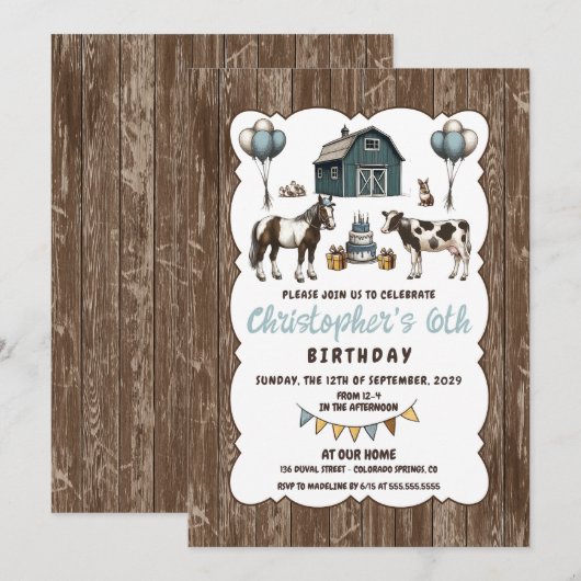 Rustieke Blauwe Dieren Verjaardagsfeestuitnodiging Kaart (Voorkant / Achterkant)