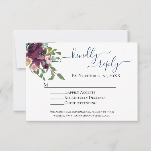 Rustieke Blauwe en Bourgondische Bloemenbruiloft R RSVP Kaartje (Voorkant)