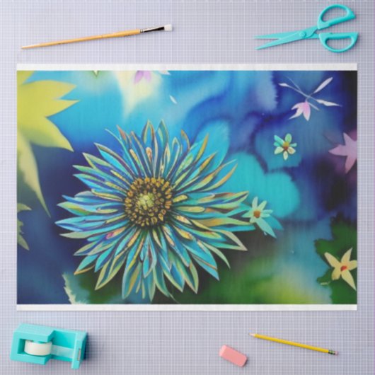 Rustieke Blauwe en Groene Waterverf Bloemen Tissuepapier (Craft)