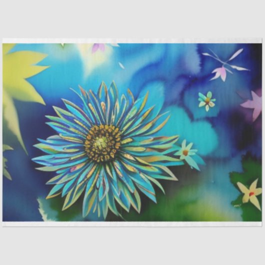 Rustieke Blauwe en Groene Waterverf Bloemen Tissuepapier (Voorkant)