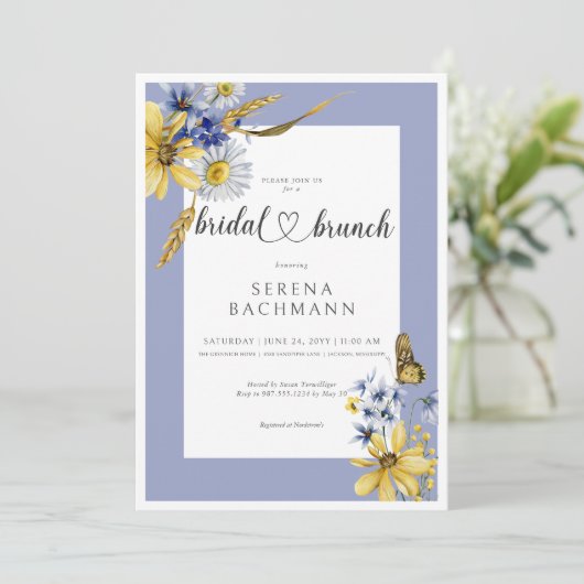 Rustieke Blauwe & Gele Wildbloemen Bruidsbrunch Kaart (Staand voorkant)