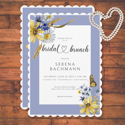 Rustieke Blauwe & Gele Wildbloemen Bruidsbrunch Kaart