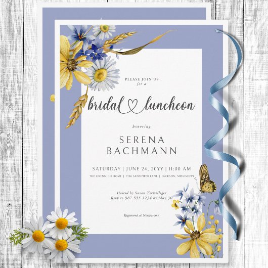 Rustieke Blauwe & Gele Wildbloemen Bruidsbrunch Kaart