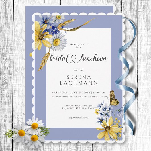 Rustieke Blauwe & Gele Wildbloemen Bruidslunch Kaart