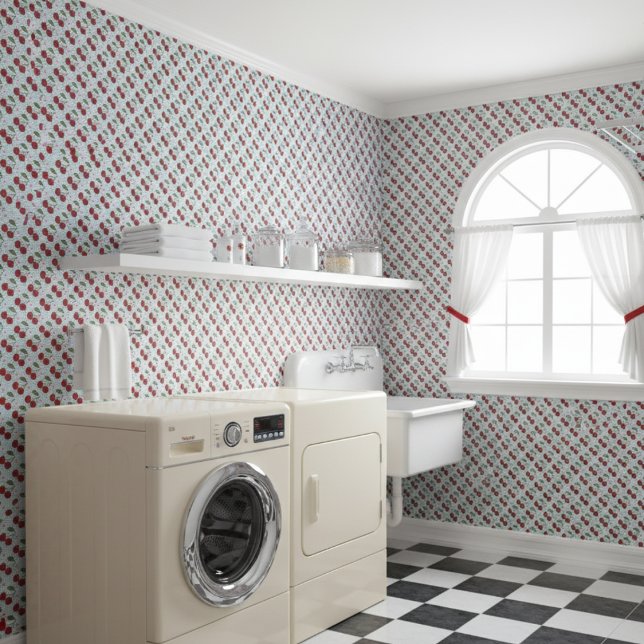 Rustieke blauwe gingham en kersen behang (Creator heeft geüpload)