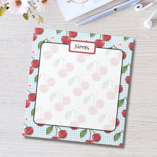 Rustieke blauwe gingham en kersen notitieblok