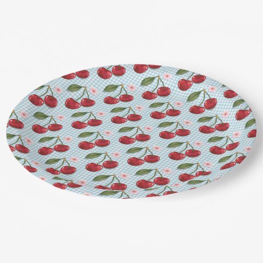 Rustieke blauwe gingham en kersen papieren bordje (Gekanteld)