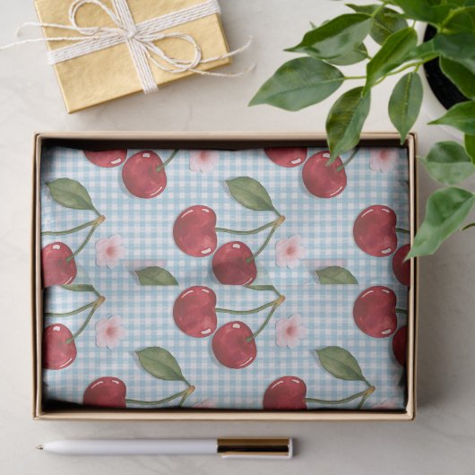 Rustieke blauwe gingham en kersen tissuepapier (Geschenk)