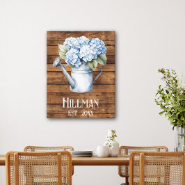 Rustieke blauwe hortensia gieter gepersonaliseerd canvas afdruk