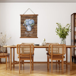 Rustieke blauwe hortensia gieter gepersonaliseerd hangend wandkleed