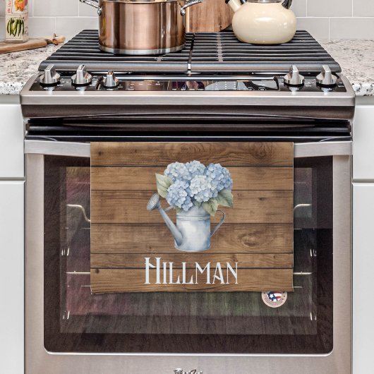 Rustieke blauwe hortensia gieter gepersonaliseerd theedoek