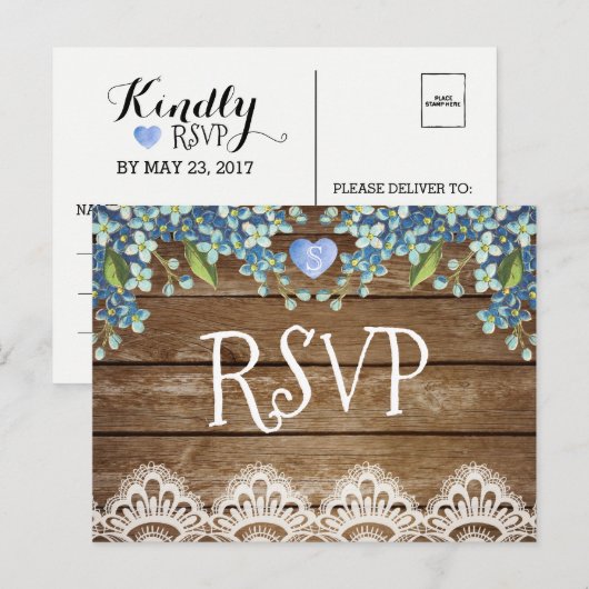 Rustieke Blauwe Hortensia & Kant RSVP-kaart Uitnodiging Briefkaart (Voorkant / Achterkant)