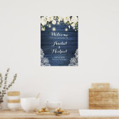 Rustieke Blauwe Houten Kant Wit Bloemen Welkom Bor Poster (Keuken)