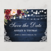 Rustieke Blauwe Houten Lichten Kant Bloemen Save t Aankondigingskaart (Voorkant)