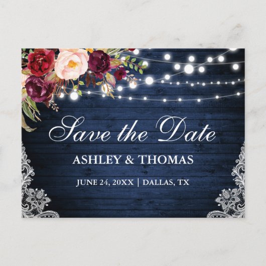 Rustieke Blauwe Houten Lichten Kant Bloemen Save t Aankondigingskaart (Voorkant)