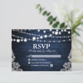 Rustieke Blauwe Houten Lichten Kant Bruiloft RSVP Kaartje (Staand voorkant)