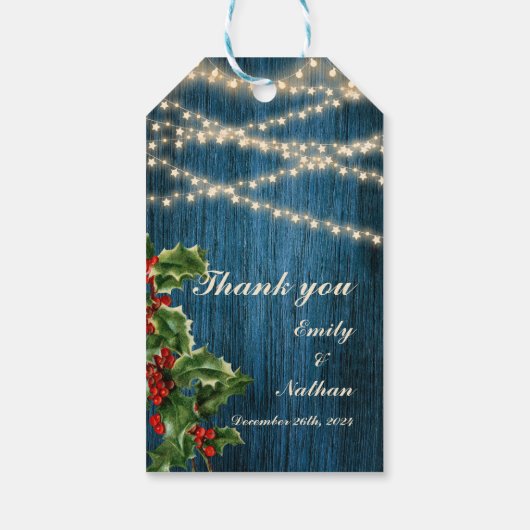 Rustieke Blauwe Houten Lichten Kerstmis Bruiloft F Cadeaulabel (Achterkant)