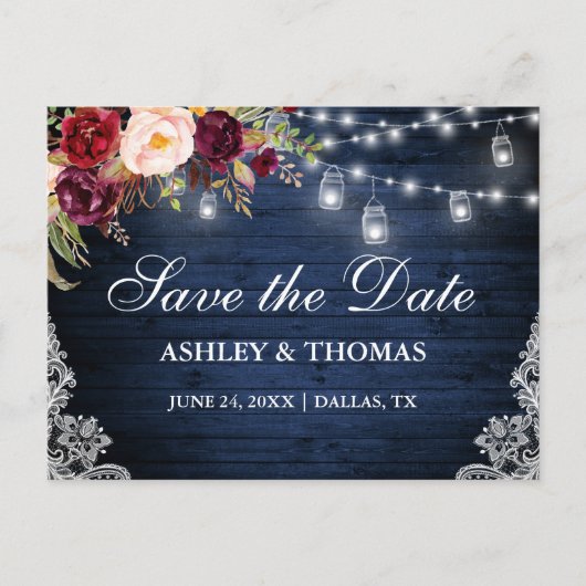 Rustieke Blauwe Houten Lichten Kruiken Bloemen Sav Aankondigingskaart (Voorkant)