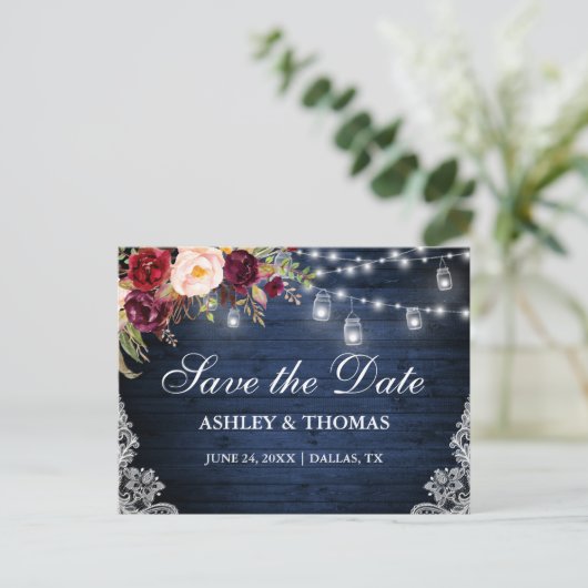 Rustieke Blauwe Houten Lichten Kruiken Bloemen Sav Aankondigingskaart (Staand voorkant)