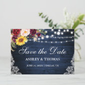 Rustieke Blauwe Houten Lichtjes Met Kanten Bloemen Save The Date (Staand voorkant)