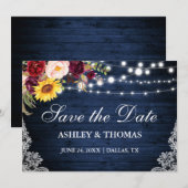 Rustieke Blauwe Houten Lichtjes Met Kanten Bloemen Save The Date (Voorkant / Achterkant)