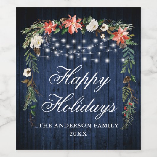 Rustieke Blauwe Houten Poinsettias Lichten Vakanti Wijn Etiket (Enkel label)