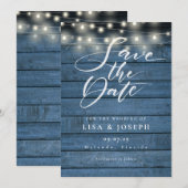 Rustieke blauwe houten slingerlichtjes script brui save the date (Voorkant / Achterkant)