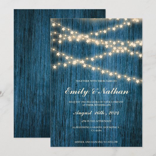 Rustieke Blauwe Houten Strijklichten Bruiloft Uitn (Voorkant / Achterkant)