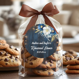 Rustieke blauwe houten witte bloem proefavondeten ronde sticker